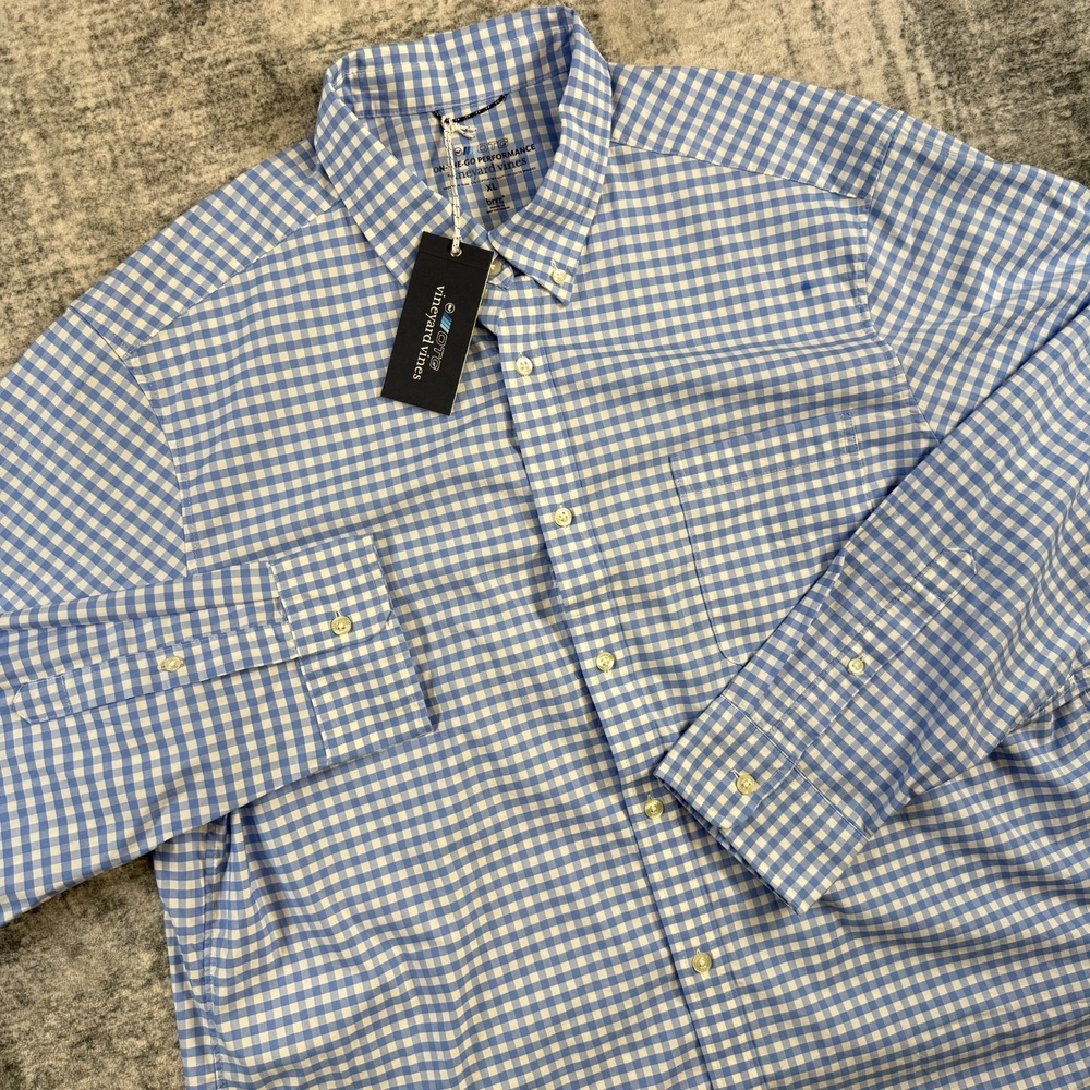 Vineyard Vines Shirt Mens XL On The Go Performance BRRR Blue Gingham Check NEW